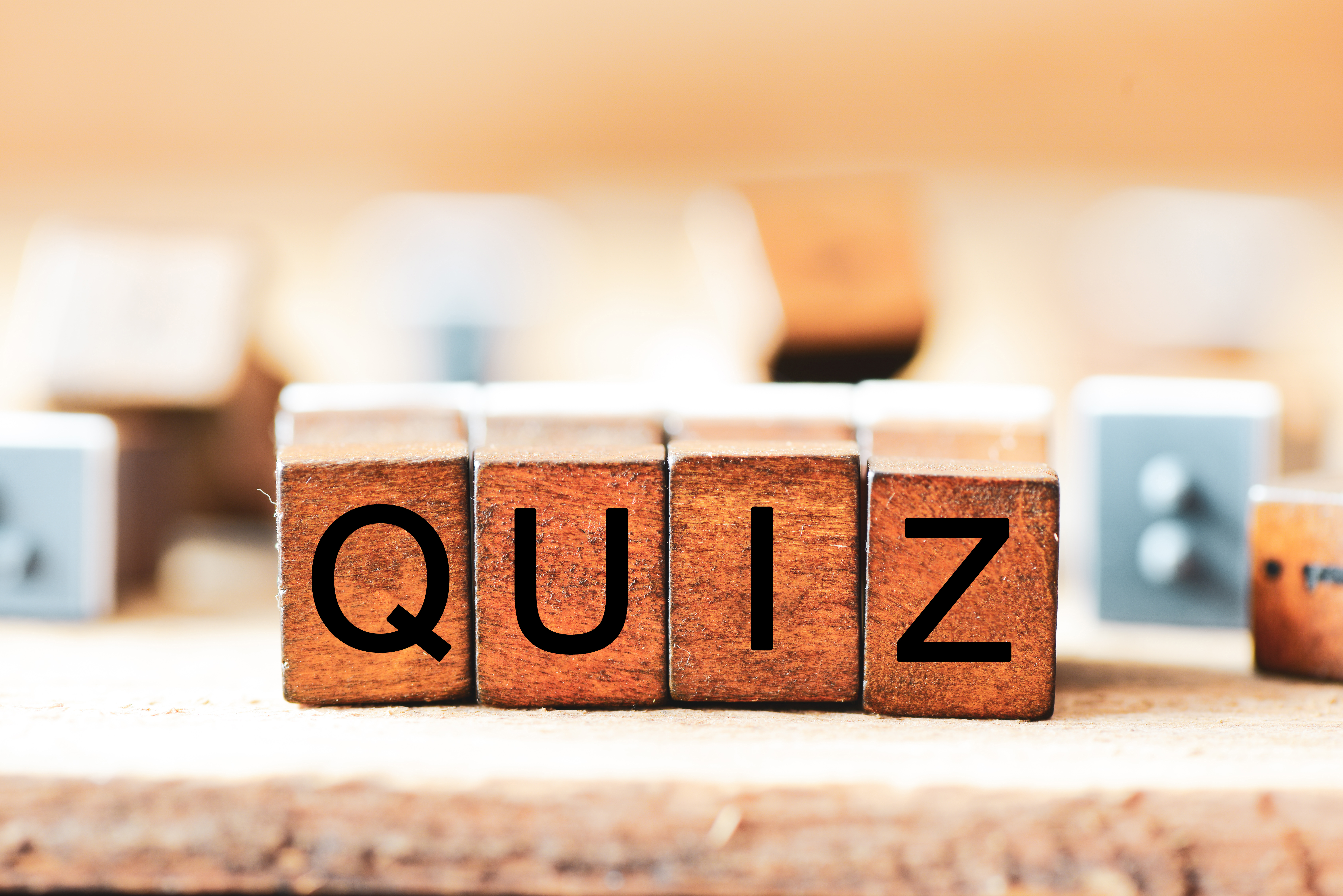 QUIZ. Wooden cube block building the word QUIZ